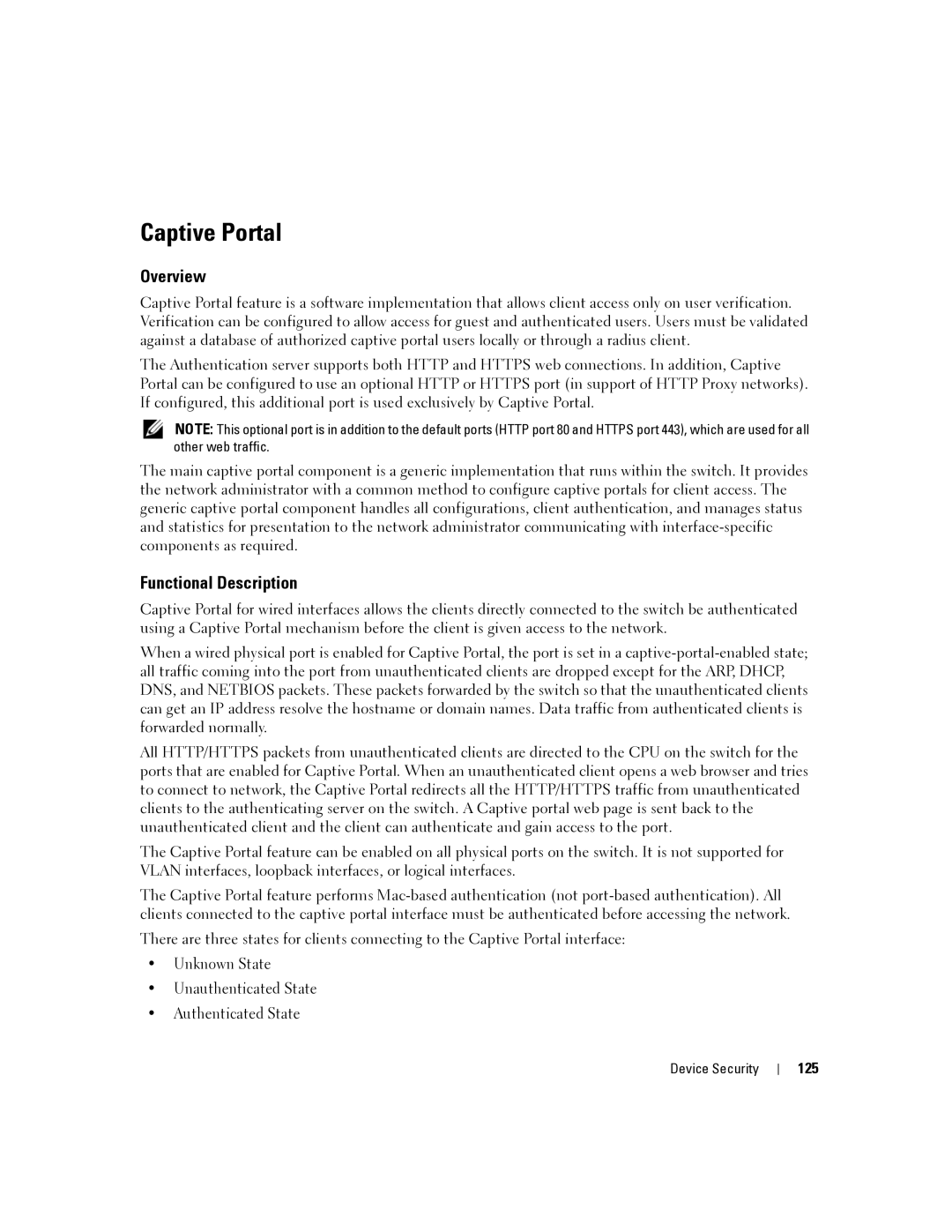 Dell 6200 SERIES manual Captive Portal, Functional Description, 125 