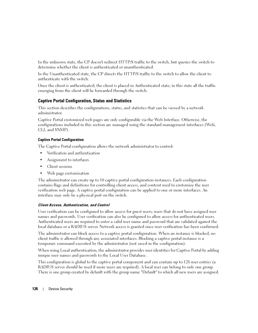 Dell 6200 SERIES manual Captive Portal Configuration, Status and Statistics, 126 