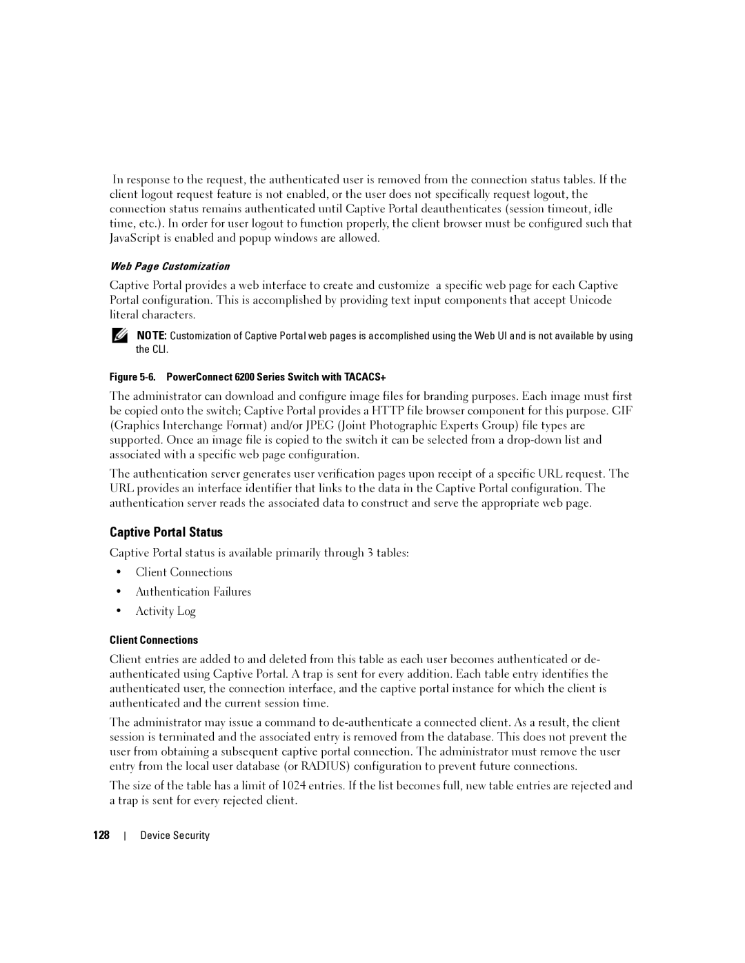 Dell 6200 SERIES manual Captive Portal Status, Client Connections, 128 