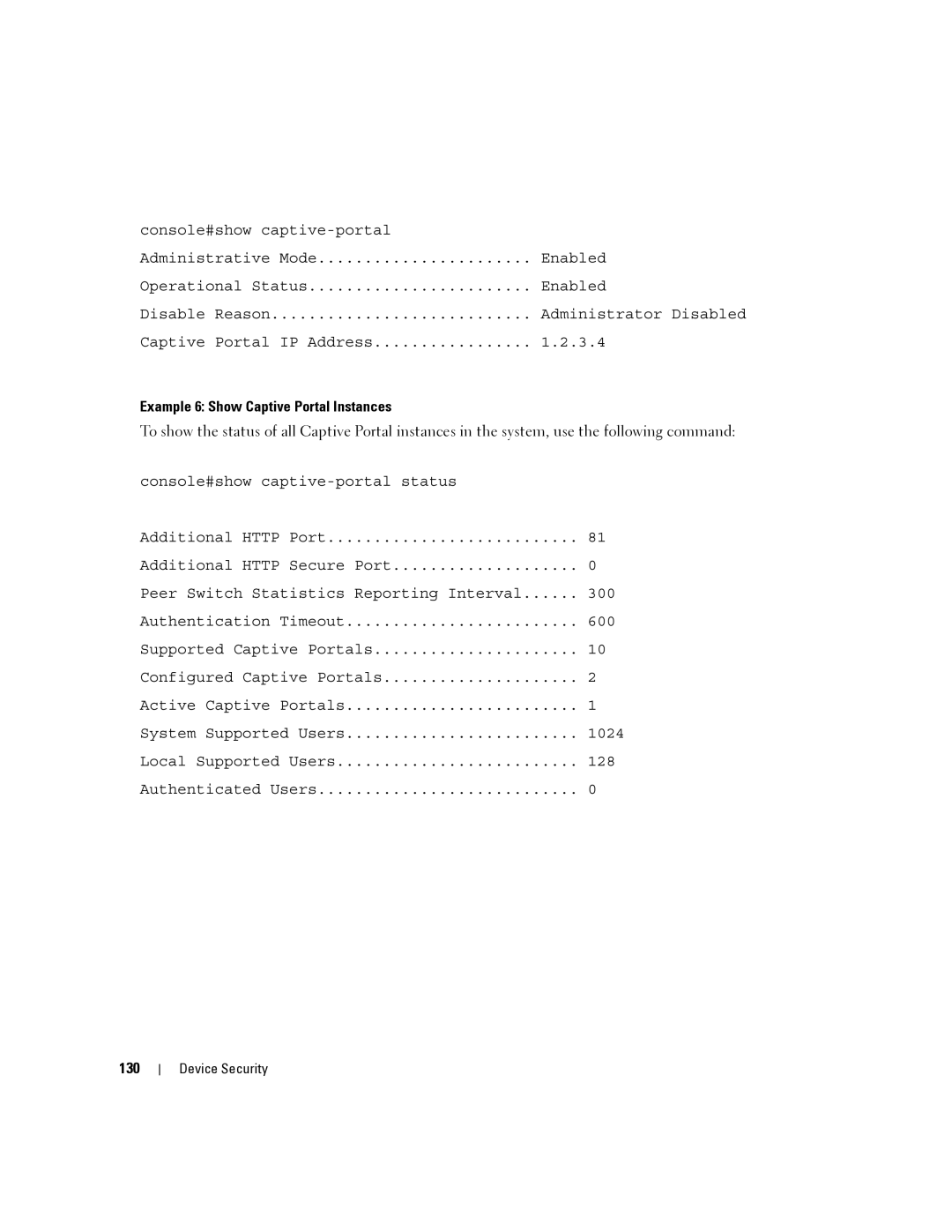 Dell 6200 SERIES manual Example 6 Show Captive Portal Instances, 130 