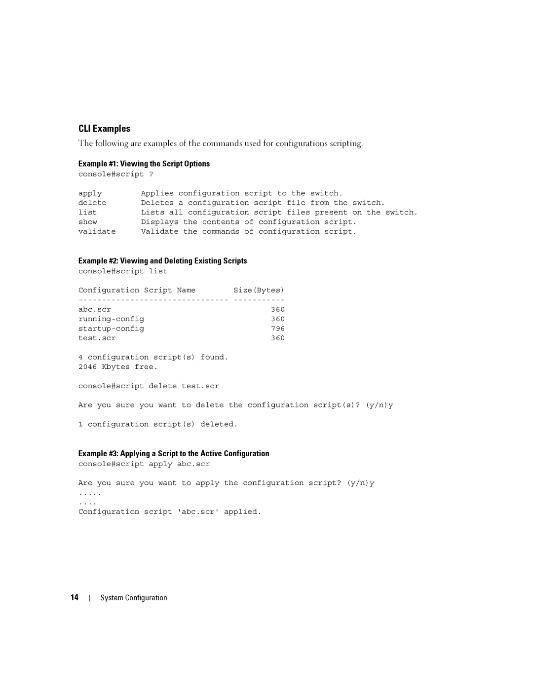 Dell 6200 SERIES CLI Examples, Example #1 Viewing the Script Options, Example #2 Viewing and Deleting Existing Scripts 