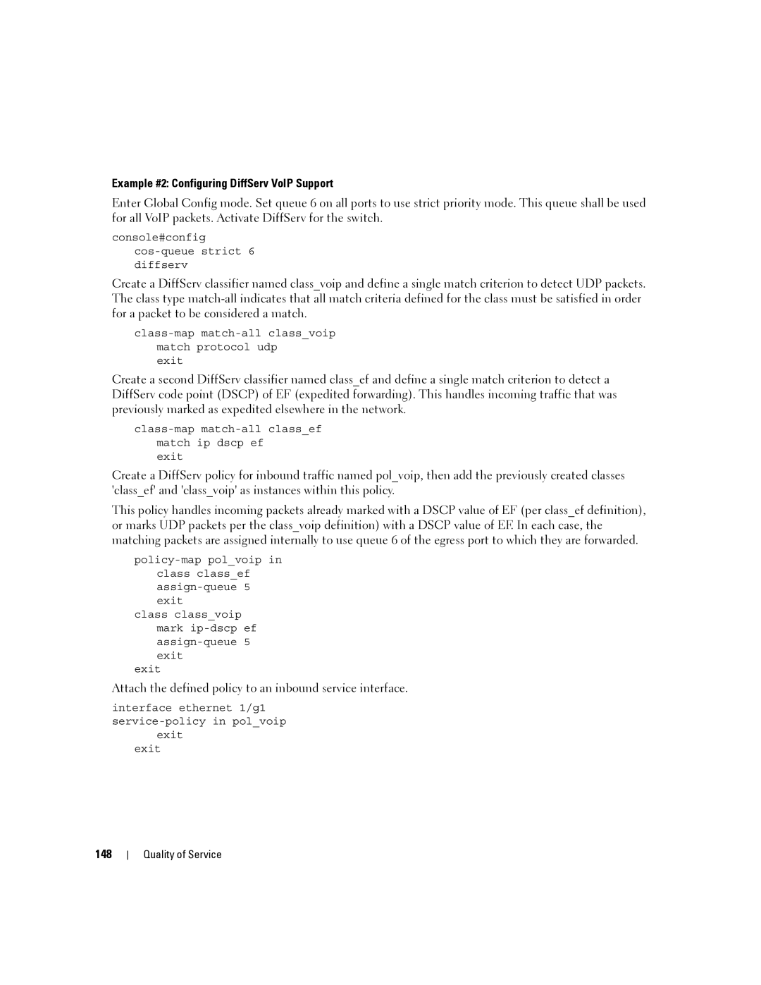 Dell 6200 SERIES manual Example #2 Configuring DiffServ VoIP Support, 148 