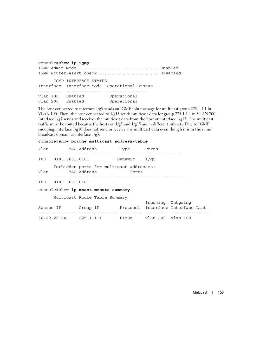 Dell 6200 SERIES manual Console#show ip igmp, 159 