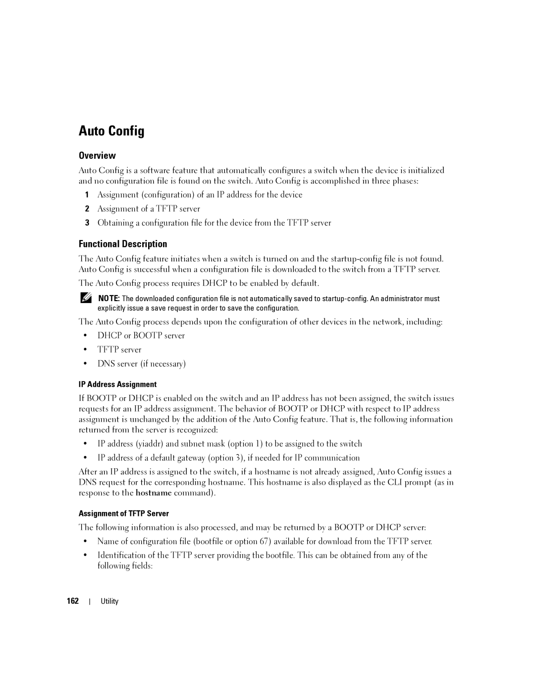 Dell 6200 SERIES manual Auto Config, IP Address Assignment, Assignment of Tftp Server, 162 