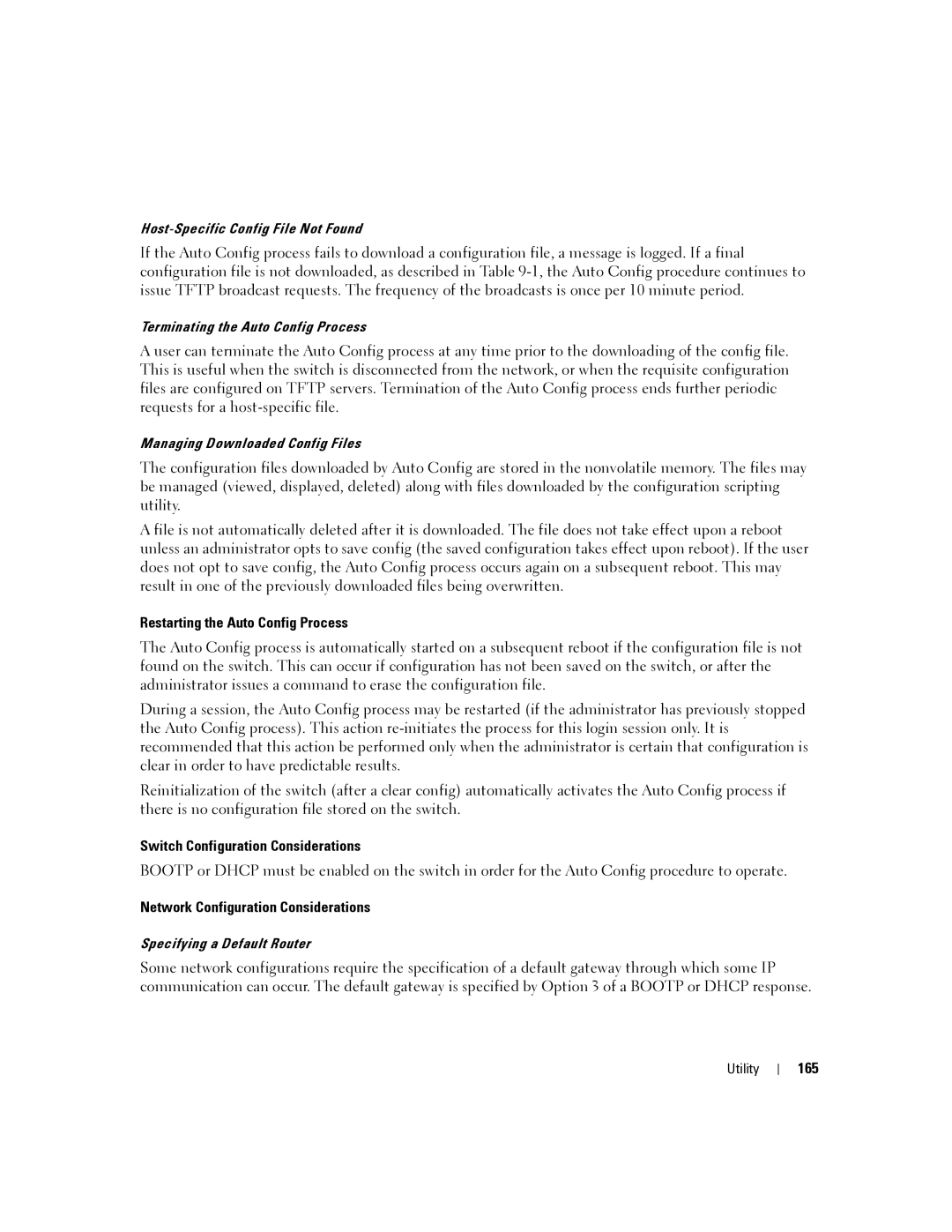 Dell 6200 SERIES manual Restarting the Auto Config Process, Switch Configuration Considerations, 165 