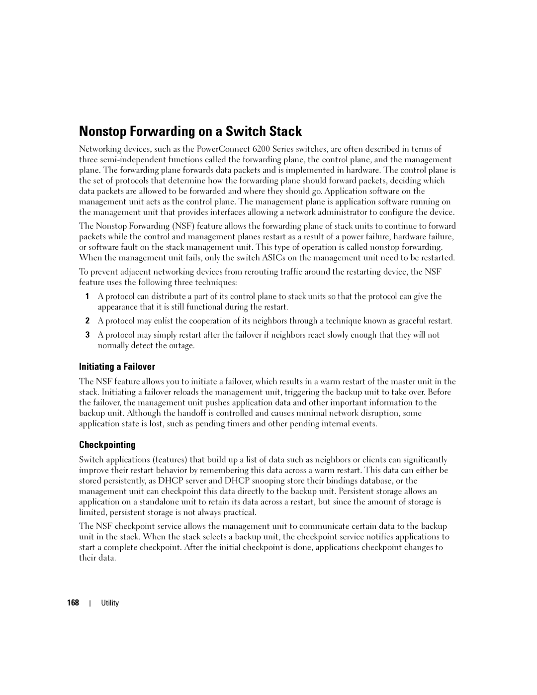 Dell 6200 SERIES manual Nonstop Forwarding on a Switch Stack, Initiating a Failover, Checkpointing, 168 