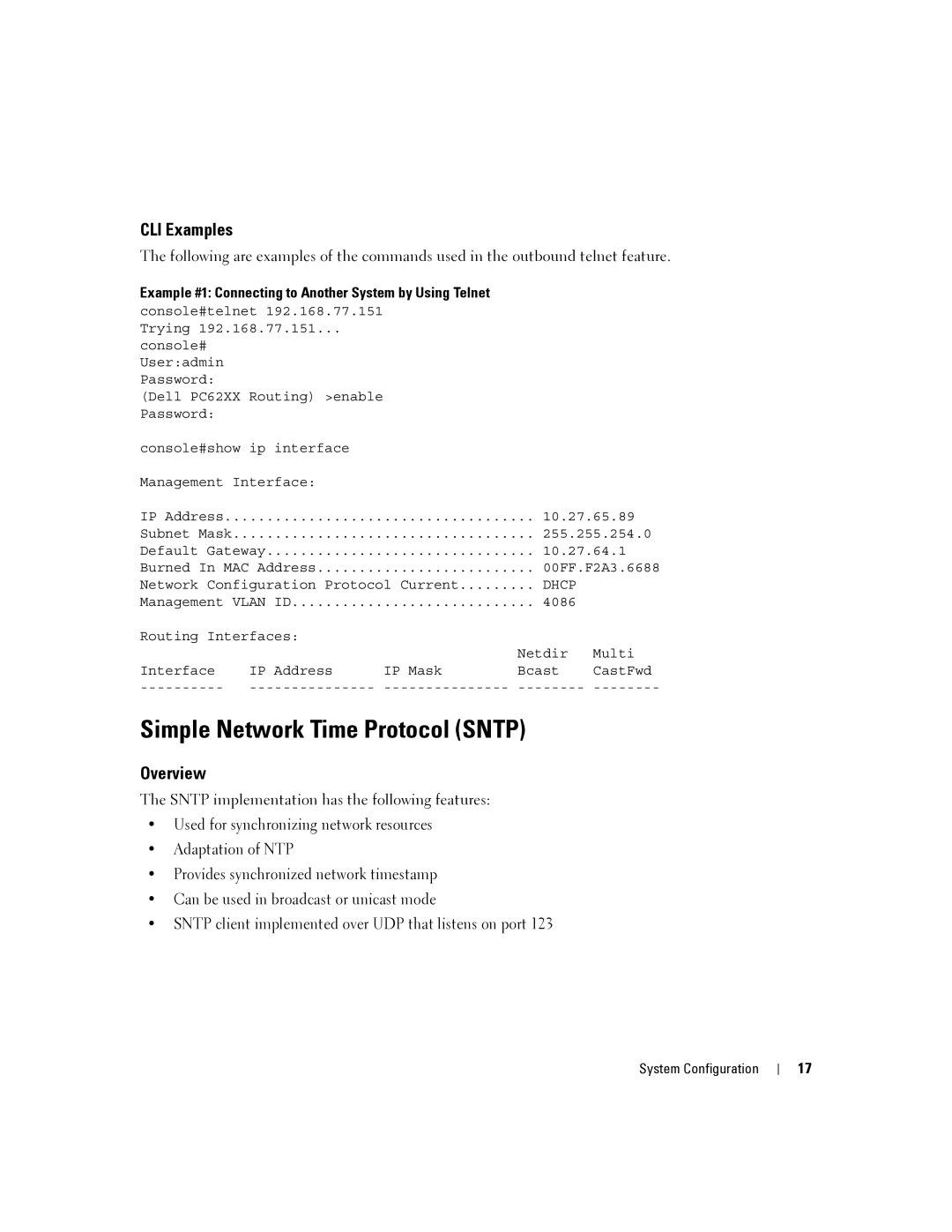 Dell 6200 SERIES manual Simple Network Time Protocol Sntp, Example #1 Connecting to Another System by Using Telnet 