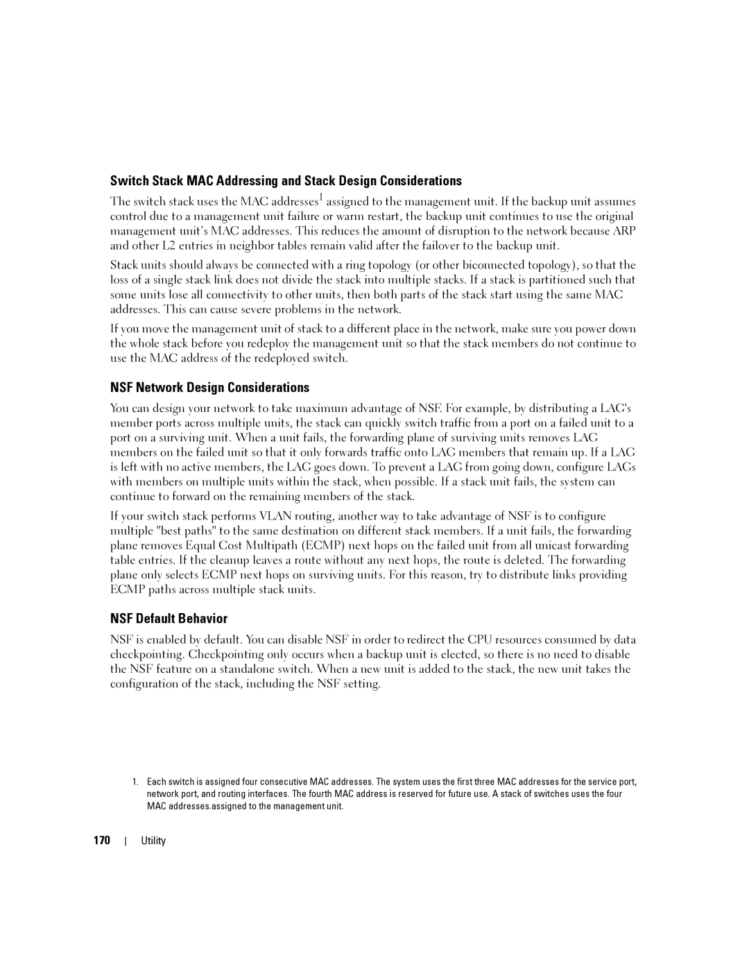 Dell 6200 SERIES manual Switch Stack MAC Addressing and Stack Design Considerations, NSF Network Design Considerations, 170 