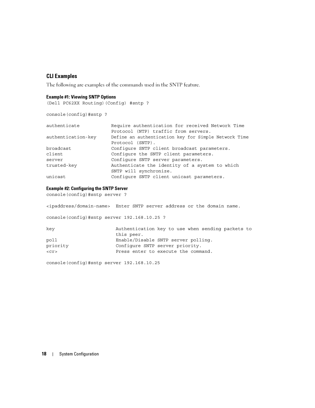 Dell 6200 SERIES manual Example #1 Viewing Sntp Options, Example #2 Configuring the Sntp Server 