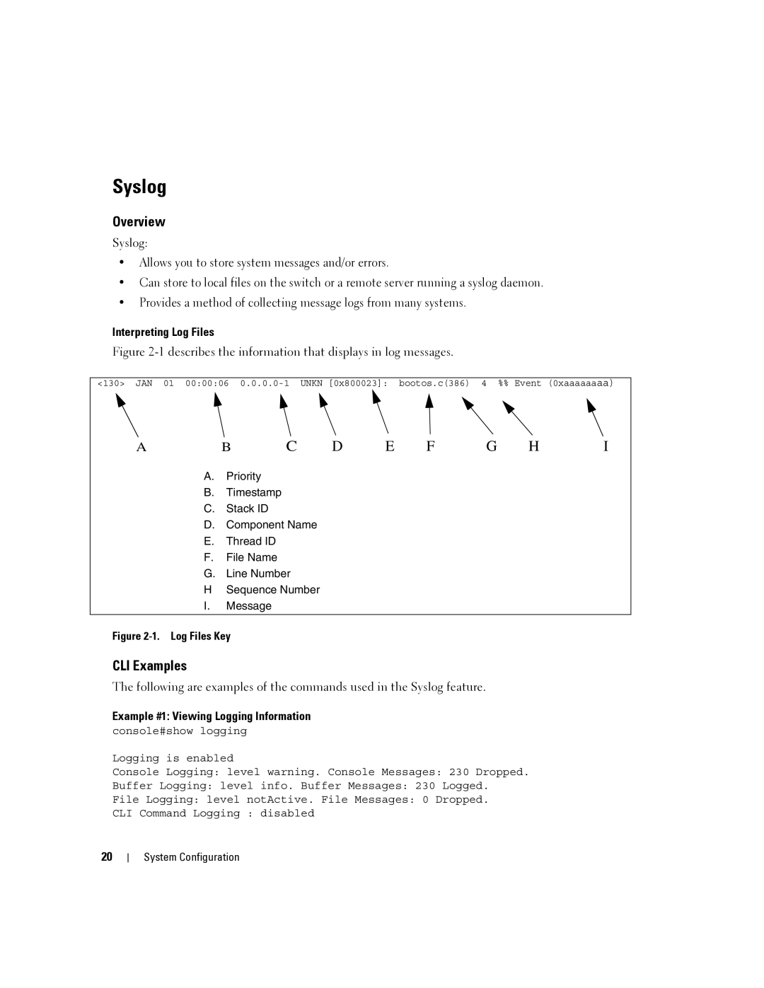 Dell 6200 SERIES manual Syslog, Interpreting Log Files, Example #1 Viewing Logging Information 