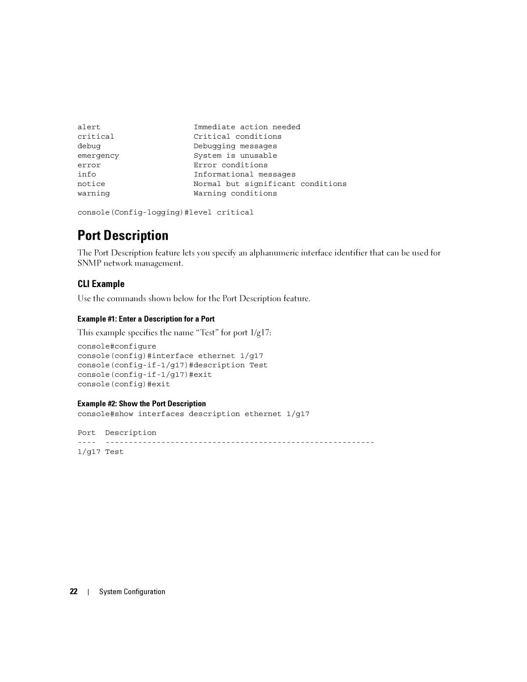 Dell 6200 SERIES manual Example #1 Enter a Description for a Port, Example #2 Show the Port Description 