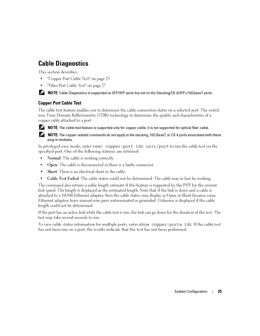 Dell 6200 SERIES manual Cable Diagnostics, Copper Port Cable Test 