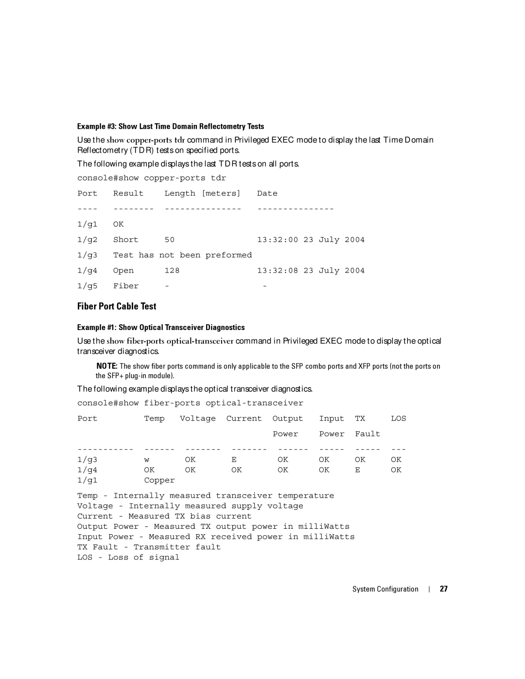 Dell 6200 SERIES manual Fiber Port Cable Test, Example #3 Show Last Time Domain Reflectometry Tests 