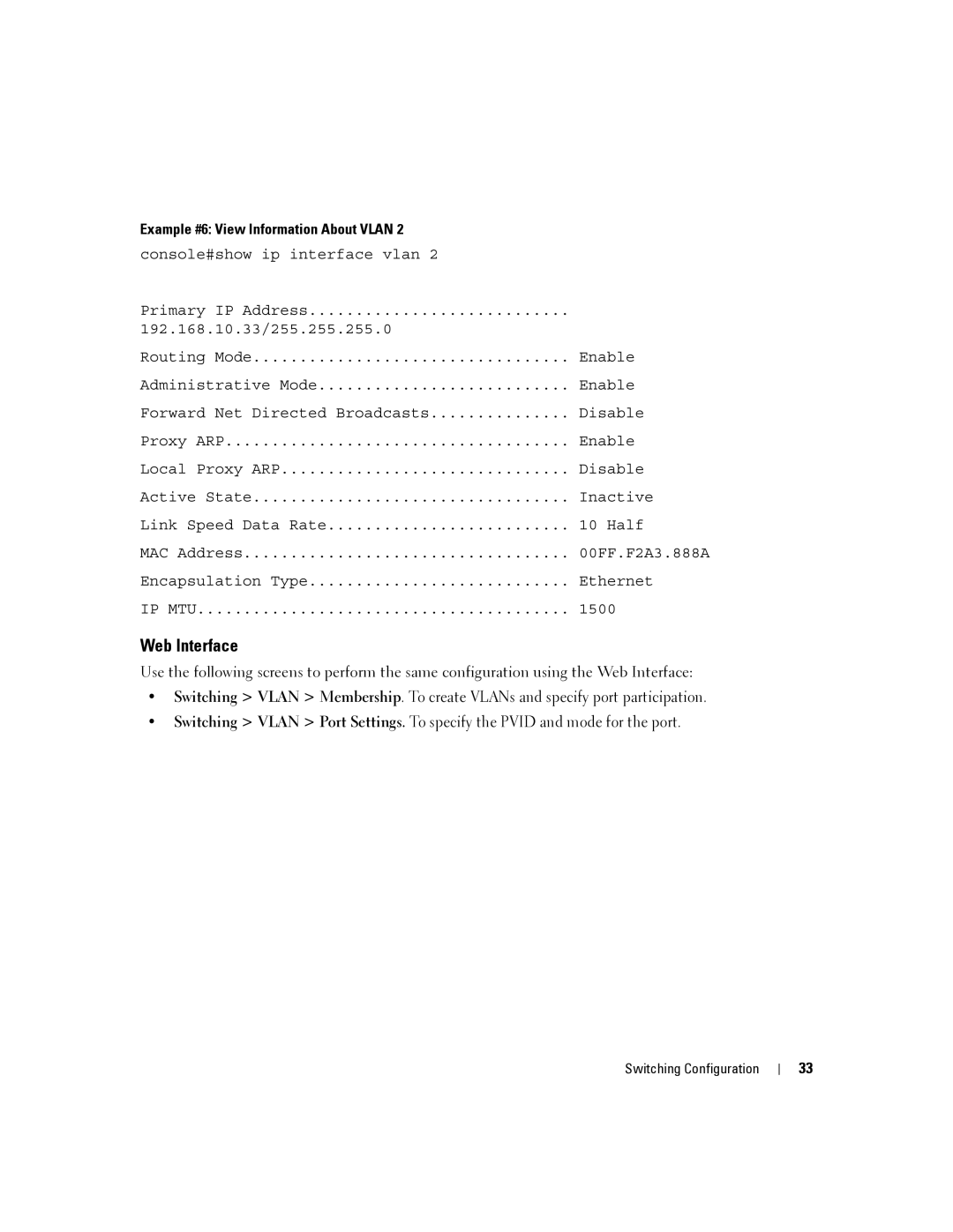 Dell 6200 SERIES manual Web Interface, Example #6 View Information About Vlan 