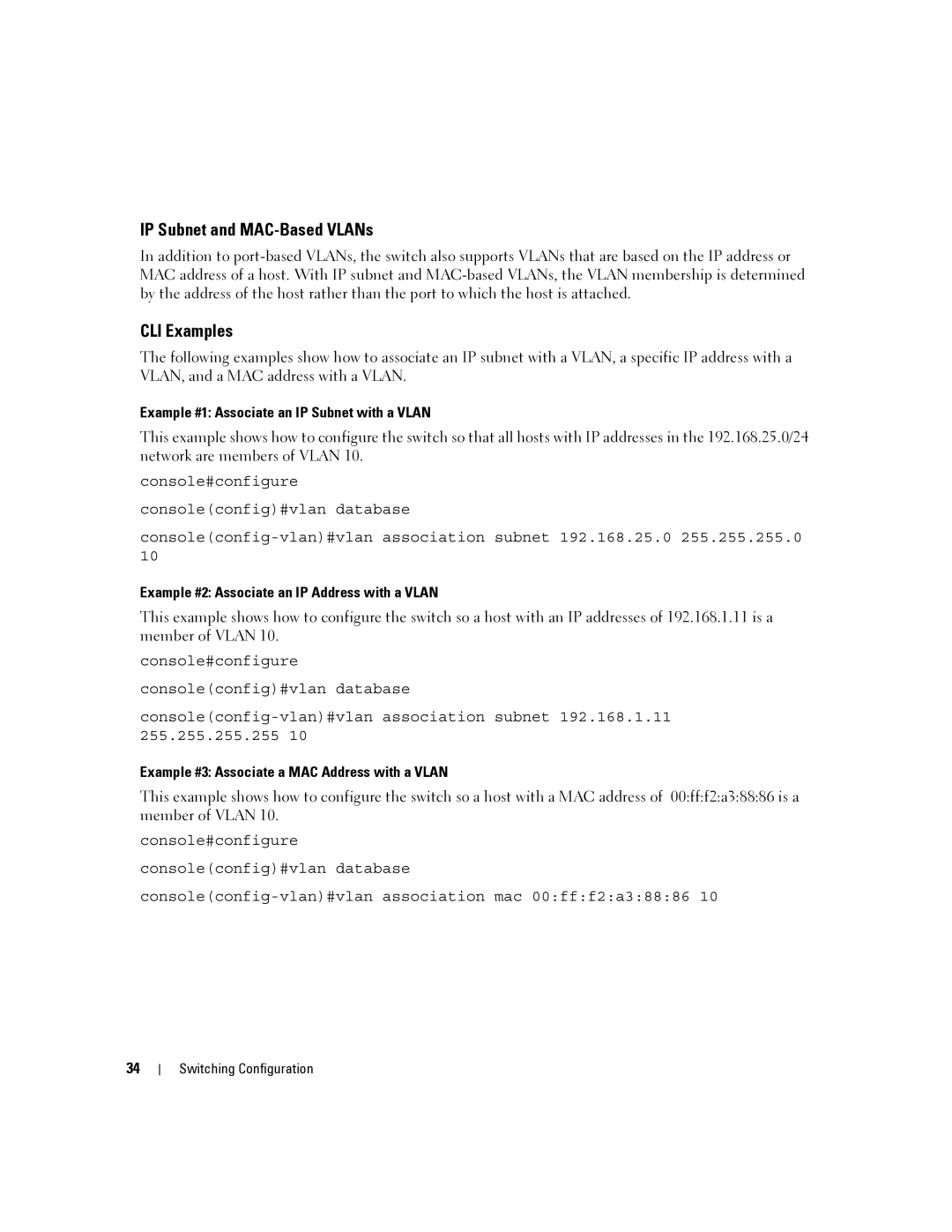 Dell 6200 SERIES manual IP Subnet and MAC-Based VLANs, Example #1 Associate an IP Subnet with a Vlan 