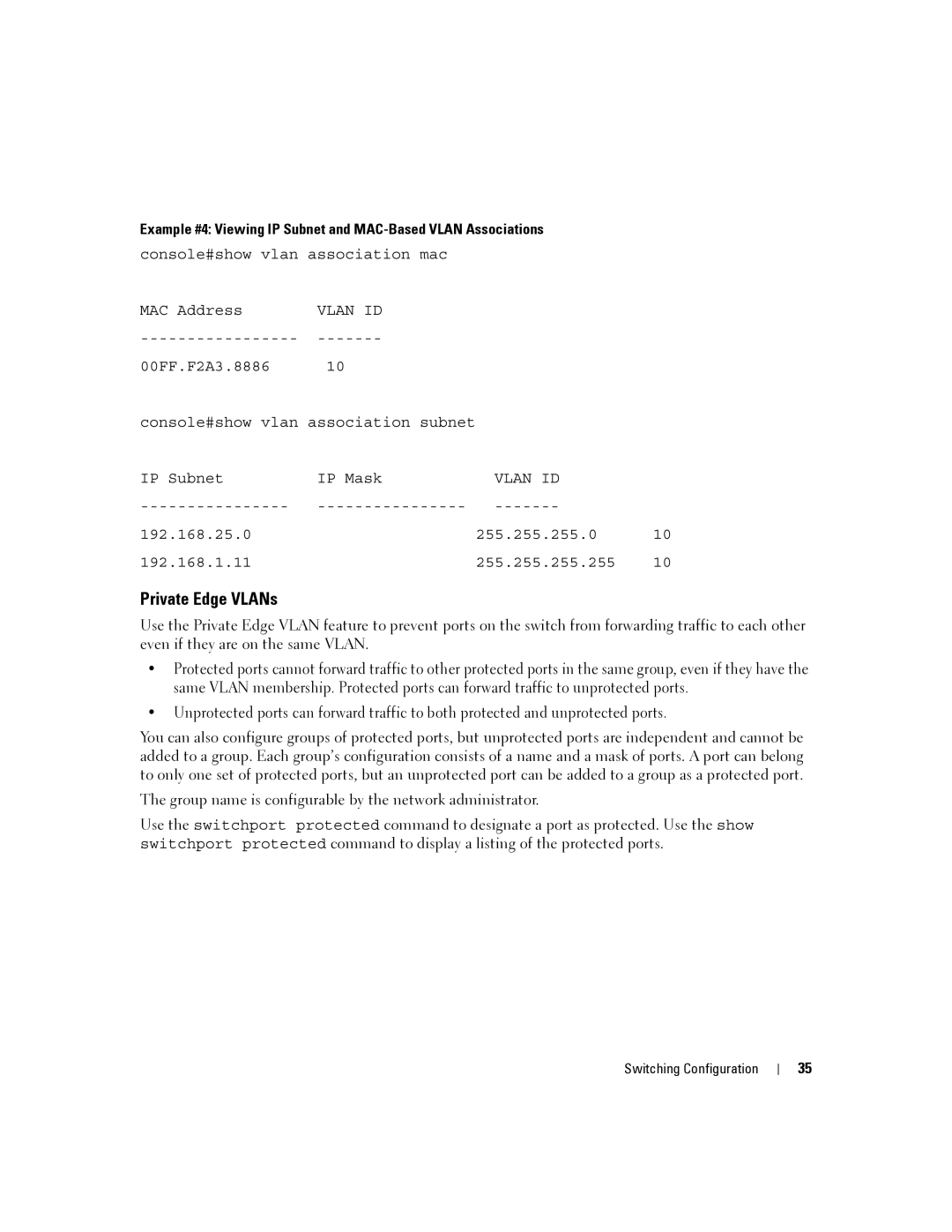 Dell 6200 SERIES manual Private Edge VLANs, Example #4 Viewing IP Subnet and MAC-Based Vlan Associations 