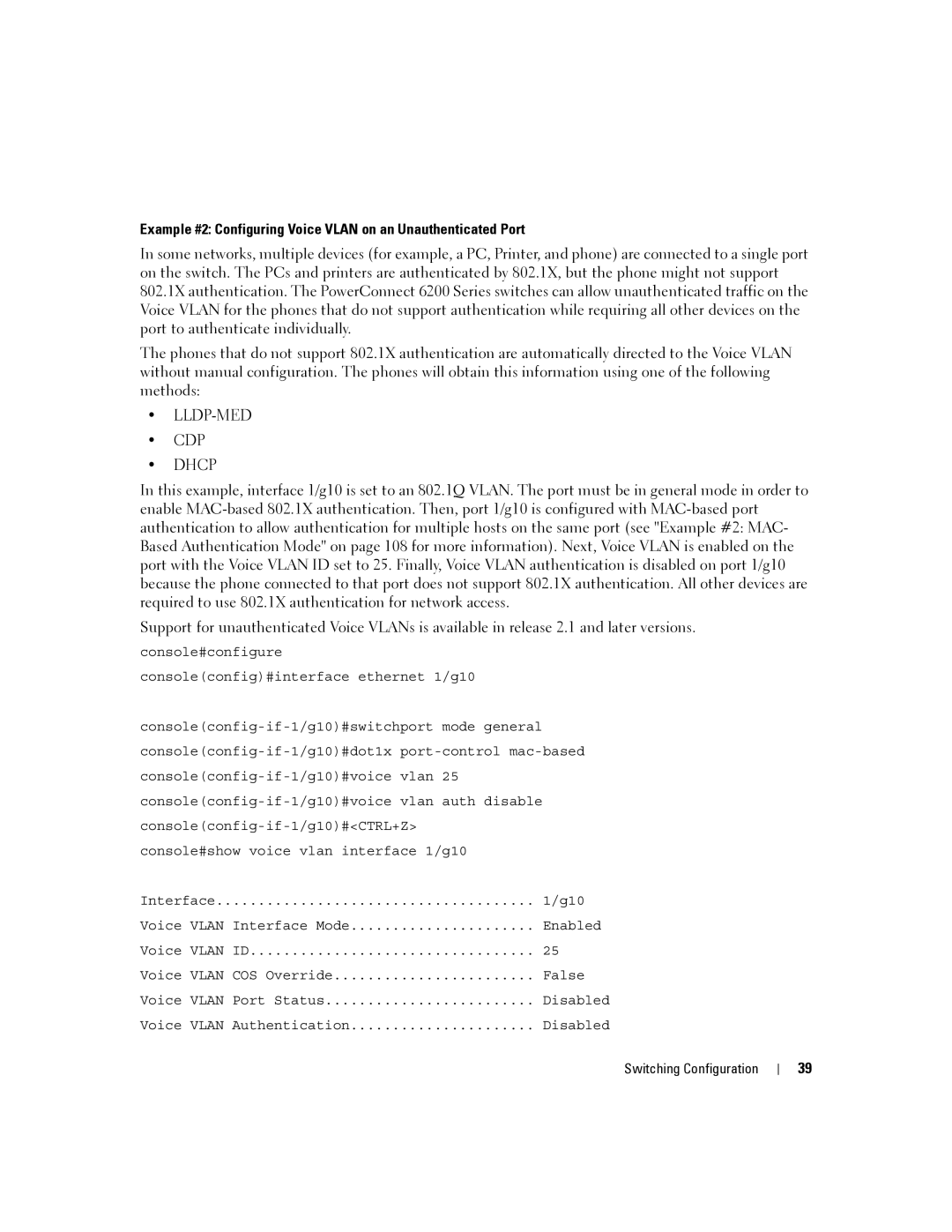 Dell 6200 SERIES manual Example #2 Configuring Voice Vlan on an Unauthenticated Port 