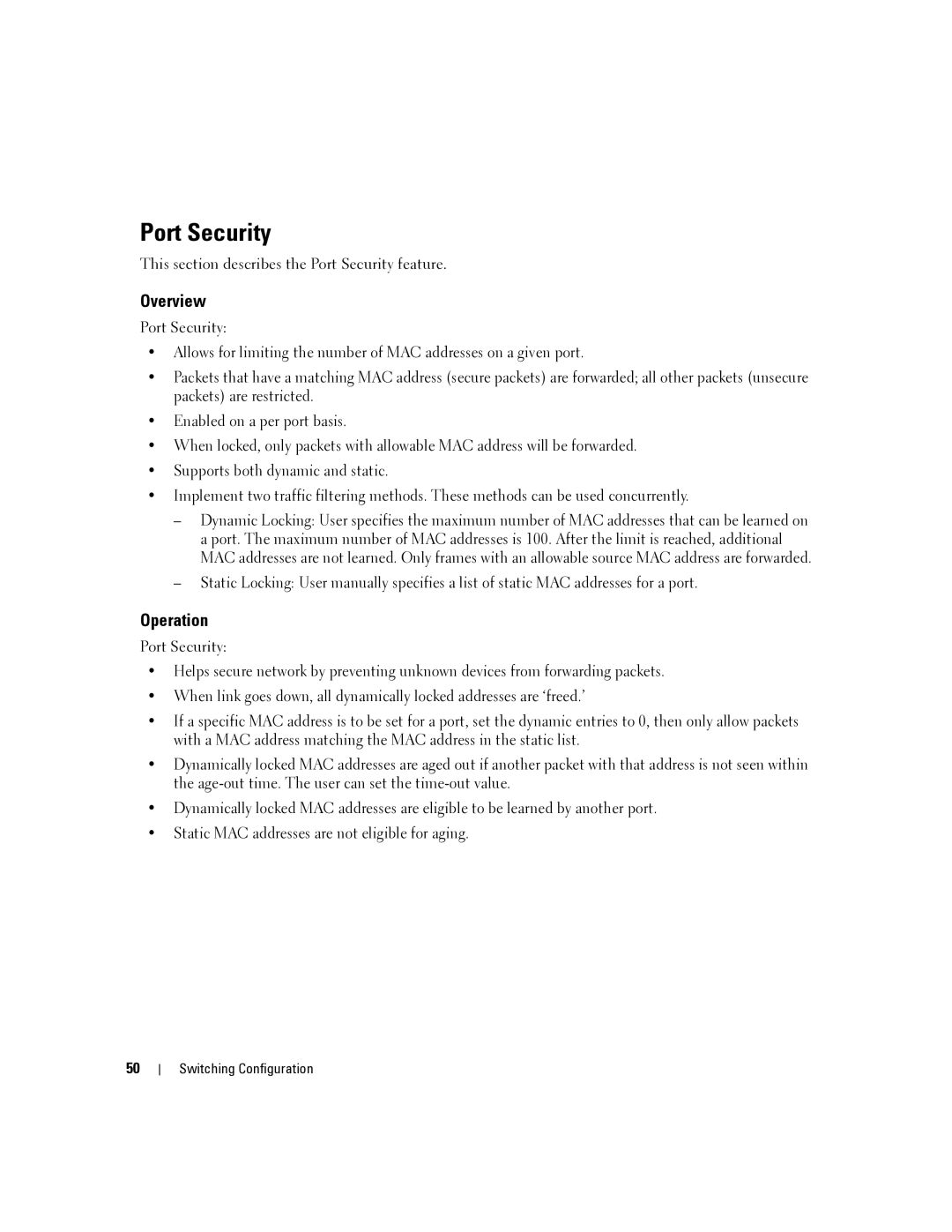 Dell 6200 SERIES manual Port Security, Operation 