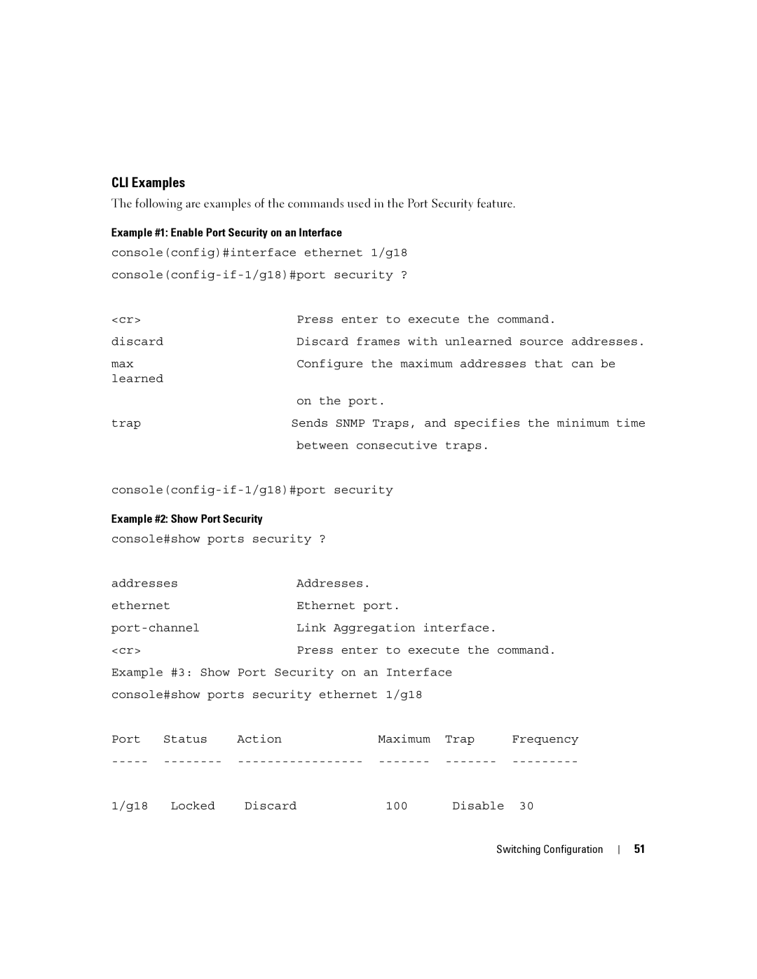 Dell 6200 SERIES manual Example #1 Enable Port Security on an Interface, Example #2 Show Port Security 