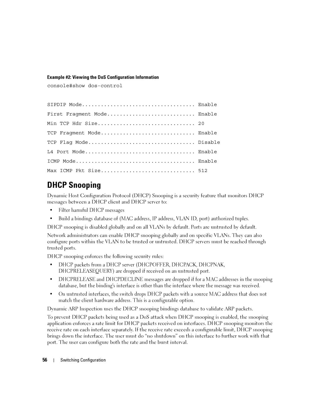 Dell 6200 SERIES manual Dhcp Snooping, Example #2 Viewing the DoS Configuration Information 