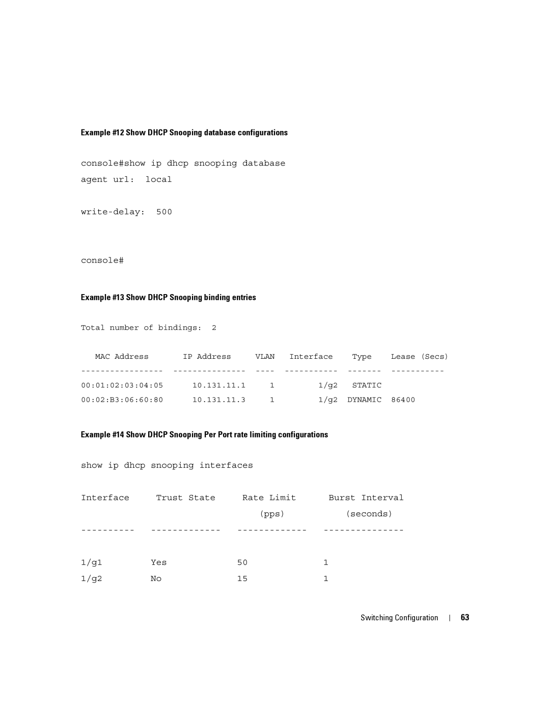 Dell 6200 SERIES Example #12 Show Dhcp Snooping database configurations, Example #13 Show Dhcp Snooping binding entries 