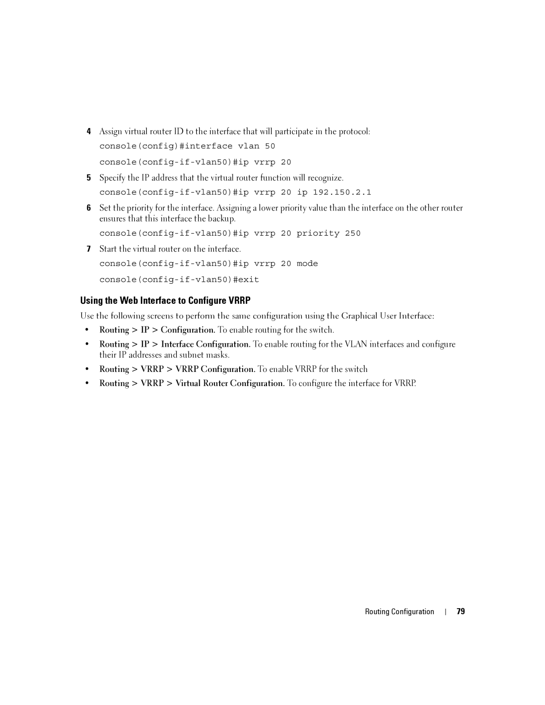 Dell 6200 SERIES manual Using the Web Interface to Configure Vrrp 