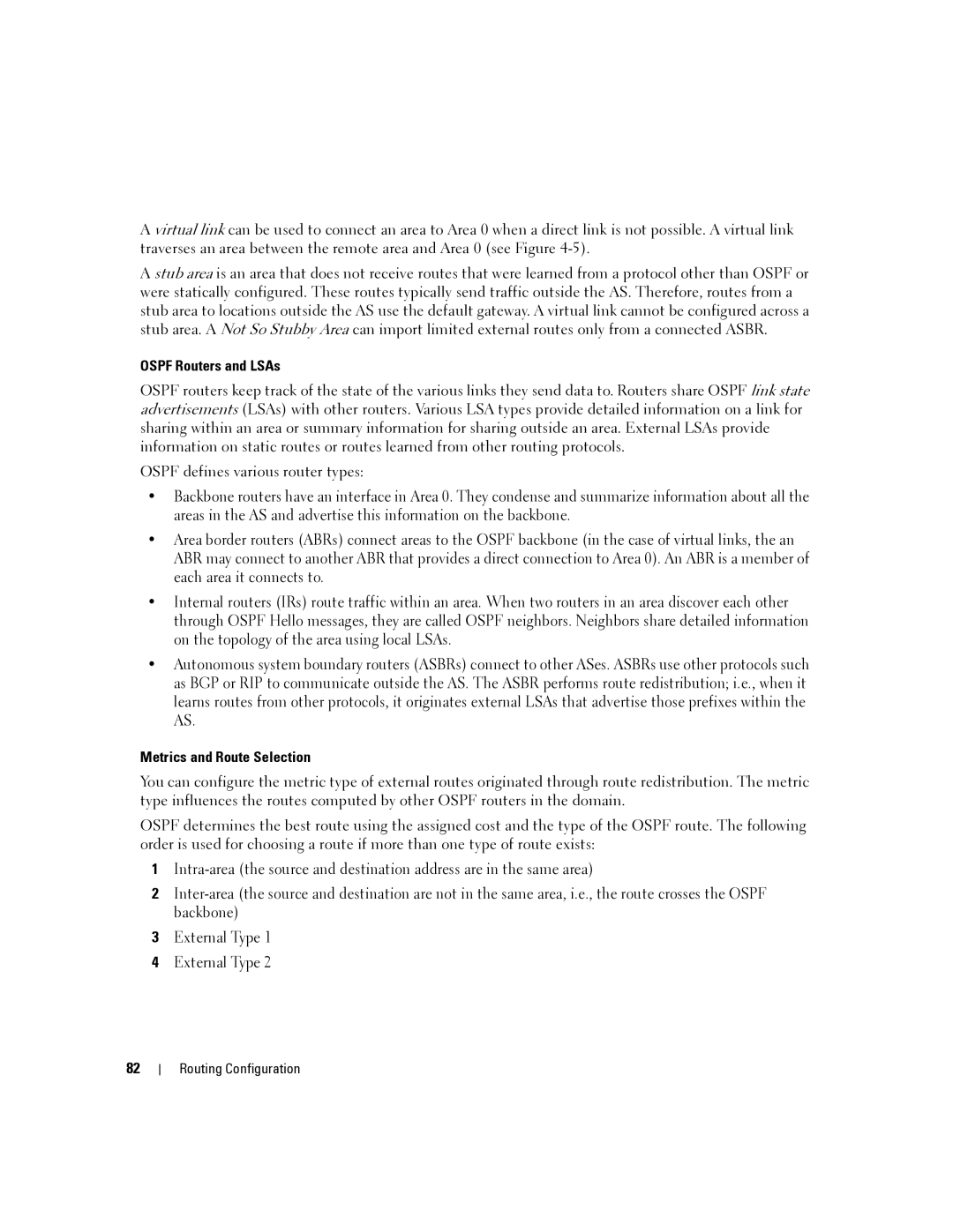 Dell 6200 SERIES manual Ospf Routers and LSAs, Metrics and Route Selection 