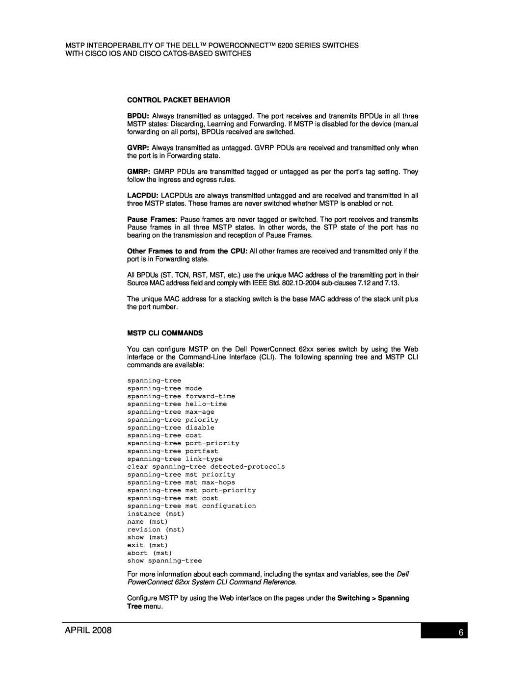 Dell 6200 manual Control Packet Behavior, Mstp Cli Commands, April, show spanning-tree 