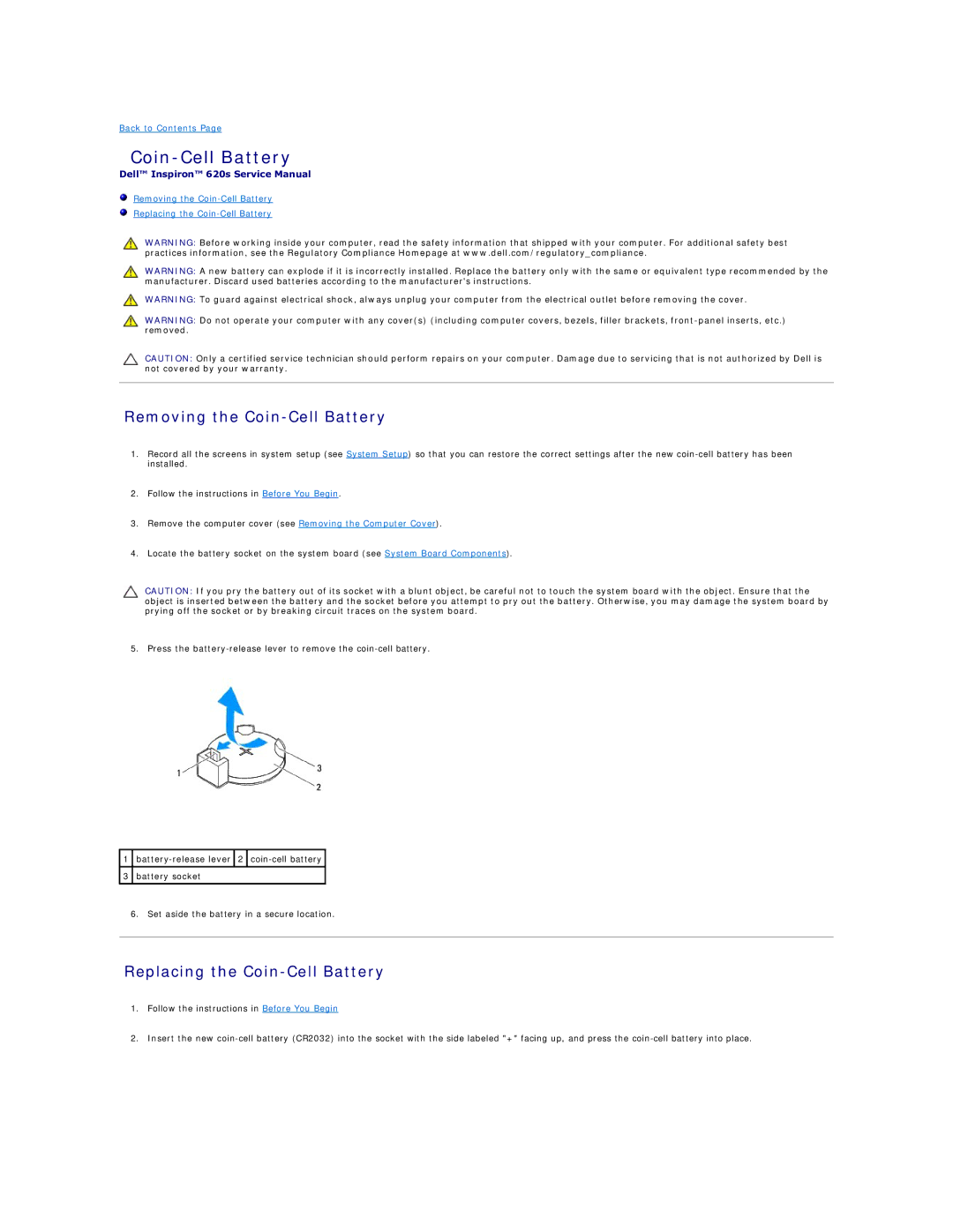 Dell 620s manual Removing the Coin-Cell Battery, Replacing the Coin-Cell Battery 