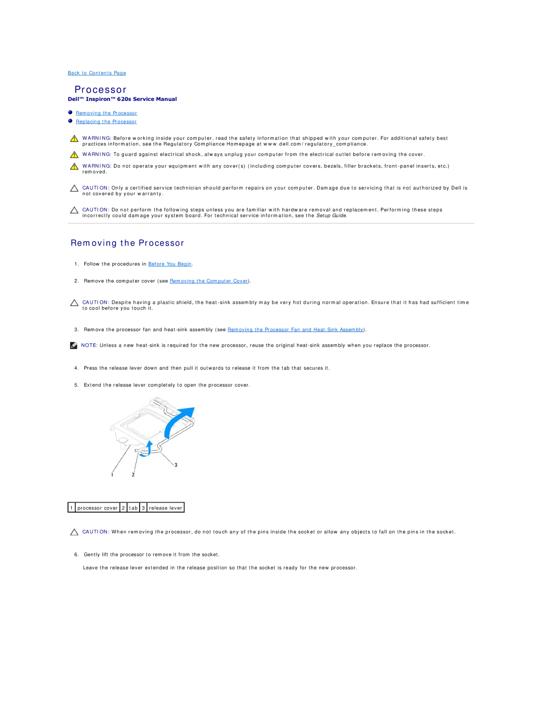 Dell 620s manual Removing the Processor 