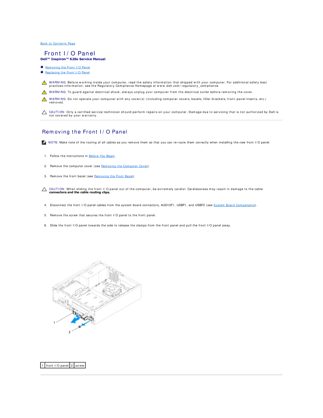 Dell 620s manual Removing the Front I/O Panel 