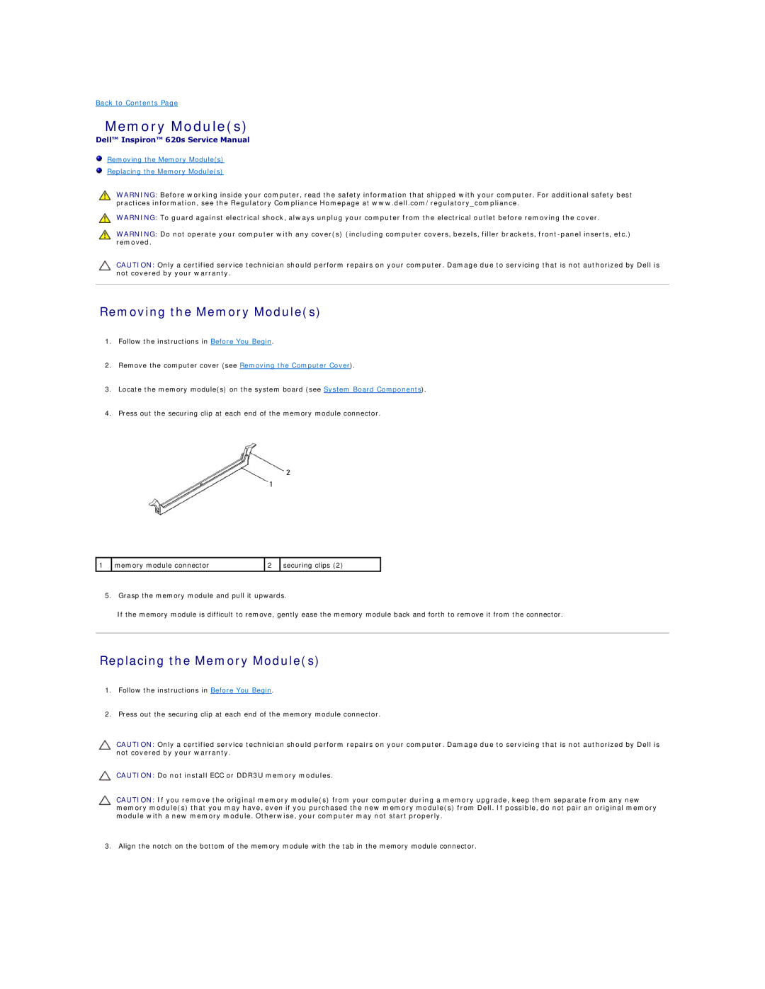 Dell 620s manual Removing the Memory Modules, Replacing the Memory Modules 