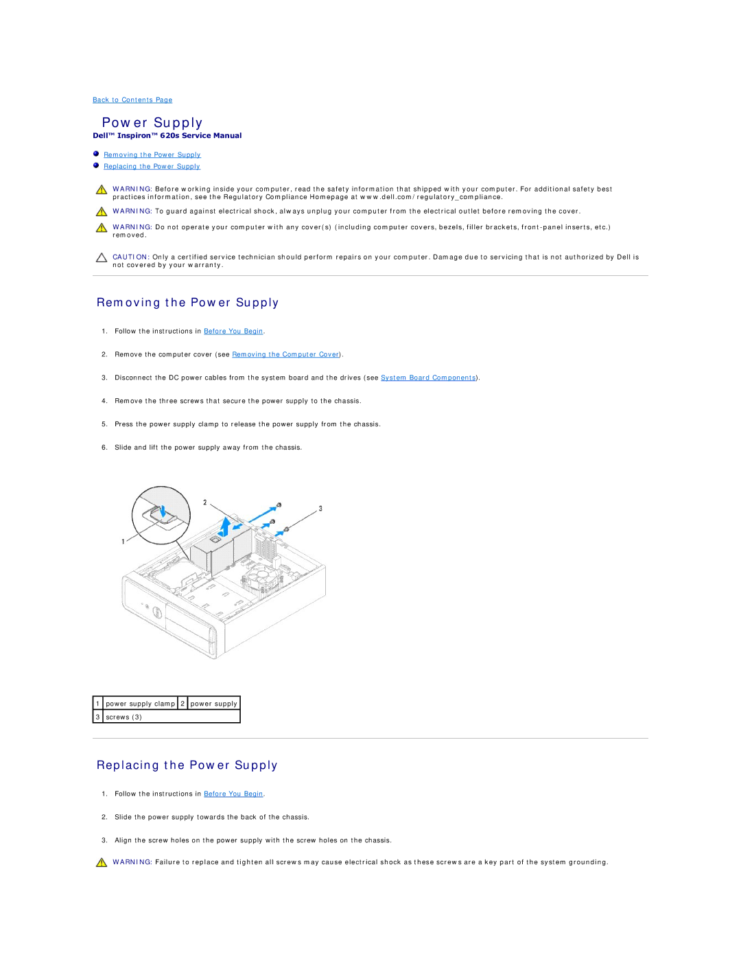 Dell 620s manual Removing the Power Supply, Replacing the Power Supply 