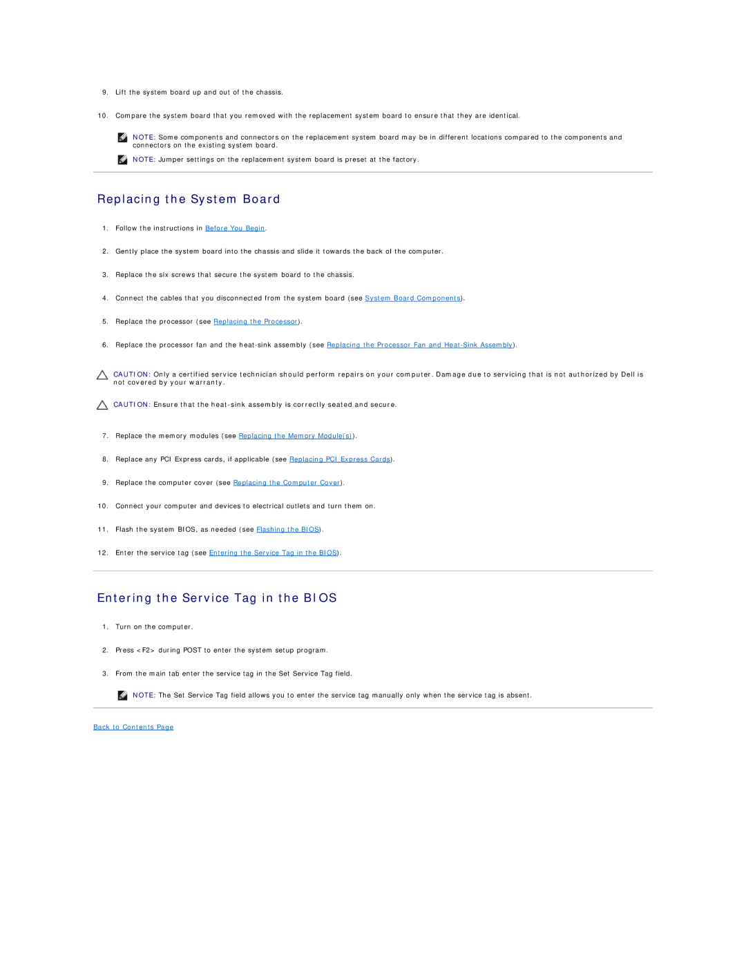 Dell 620s manual Replacing the System Board, Entering the Service Tag in the Bios 
