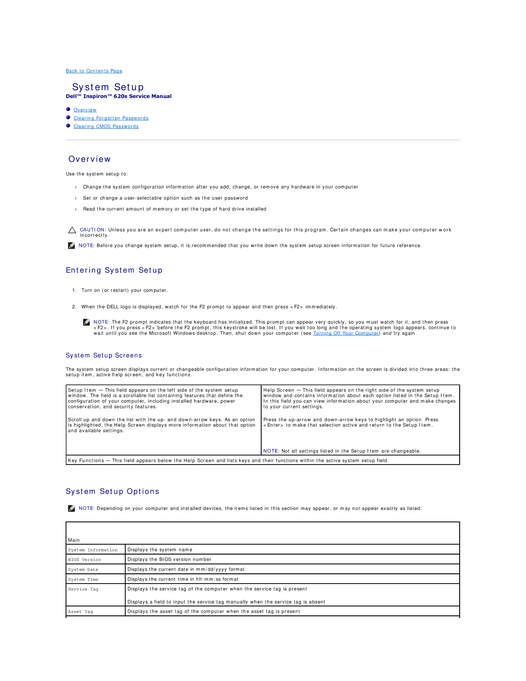 Dell 620s manual Overview, Entering System Setup, System Setup Options 