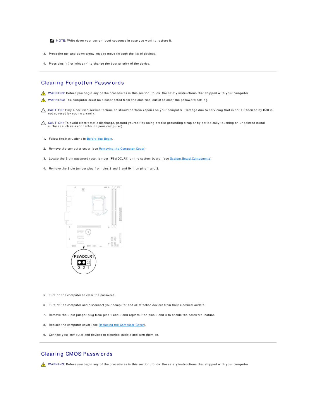 Dell 620s manual Clearing Forgotten Passwords, Clearing Cmos Passwords 