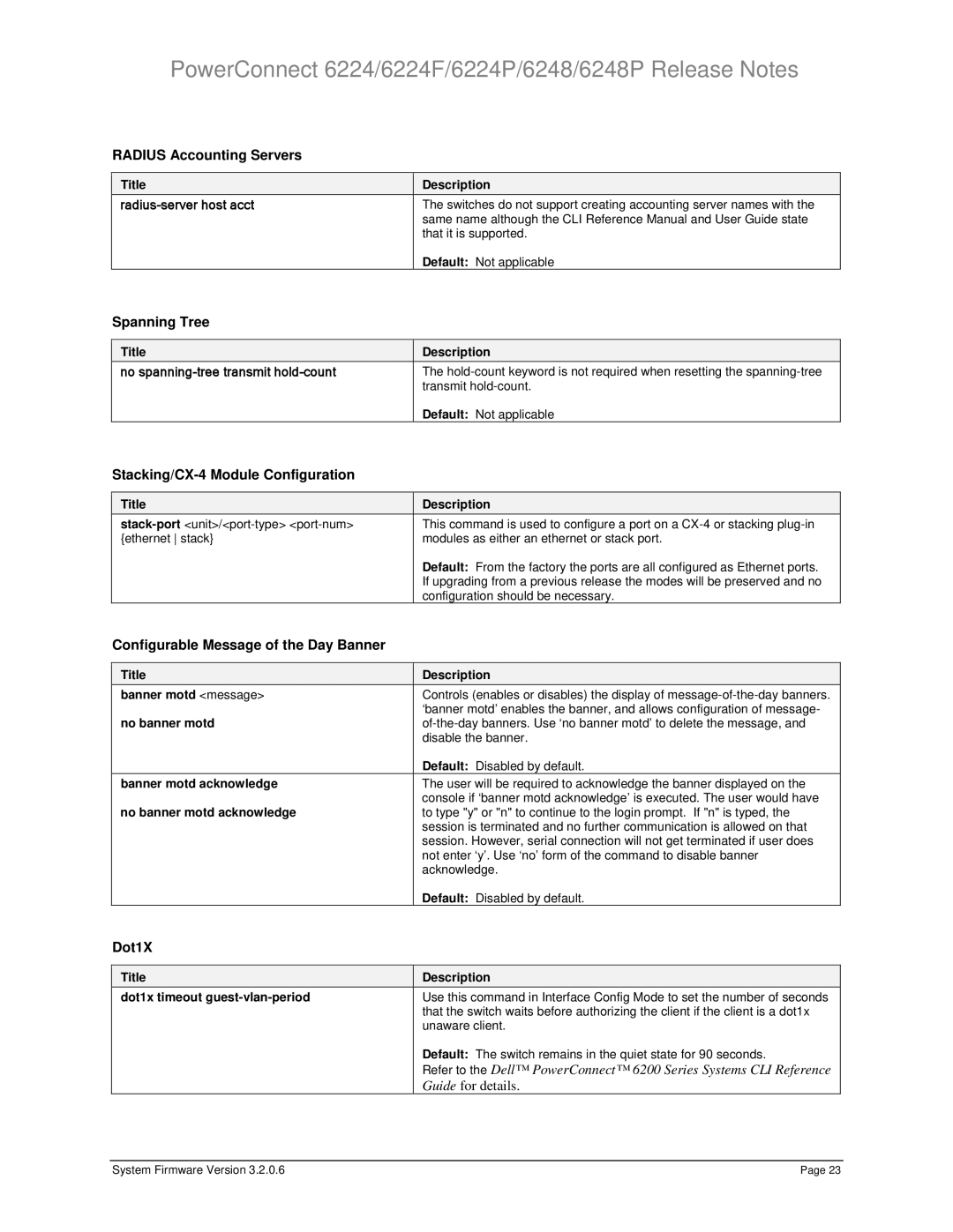 Dell 6248P, 6224P, 6224F Radius Accounting Servers, Spanning Tree, Stacking/CX-4 Module Configuration, Dot1X 