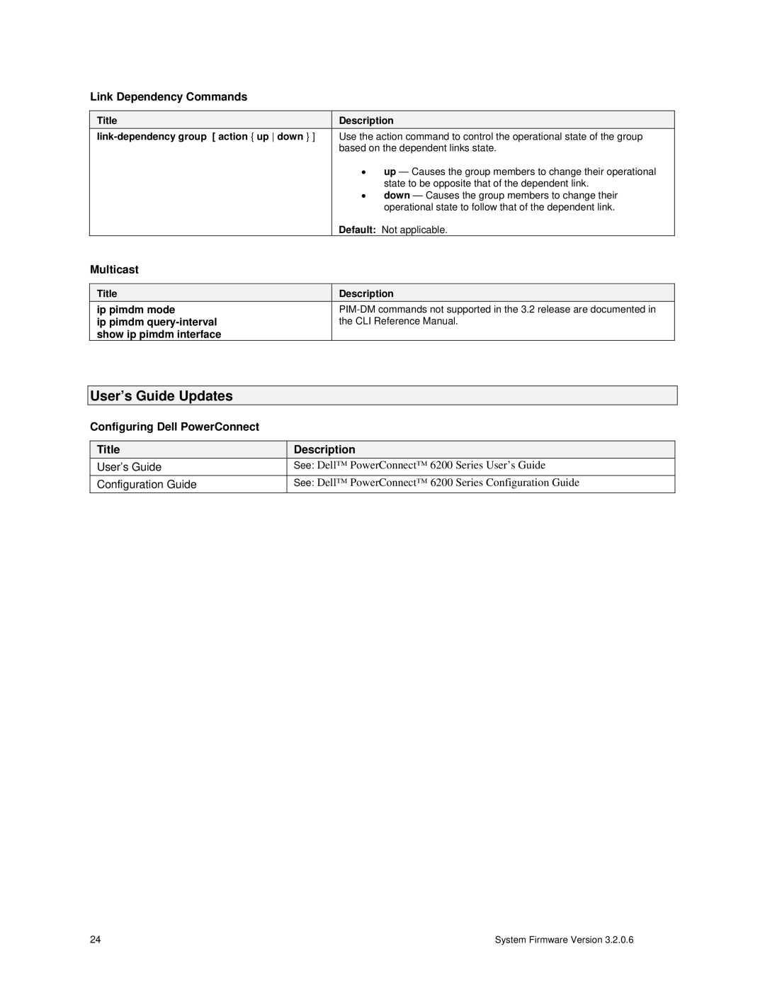 Dell 6248, 6224 User’s Guide Updates, Link Dependency Commands, Multicast, Configuring Dell PowerConnect Title Description 