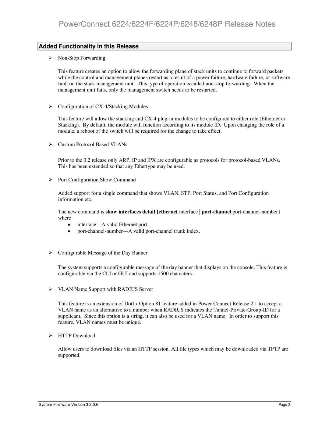 Dell 6248P, 6224P, 6224F specifications Added Functionality in this Release 