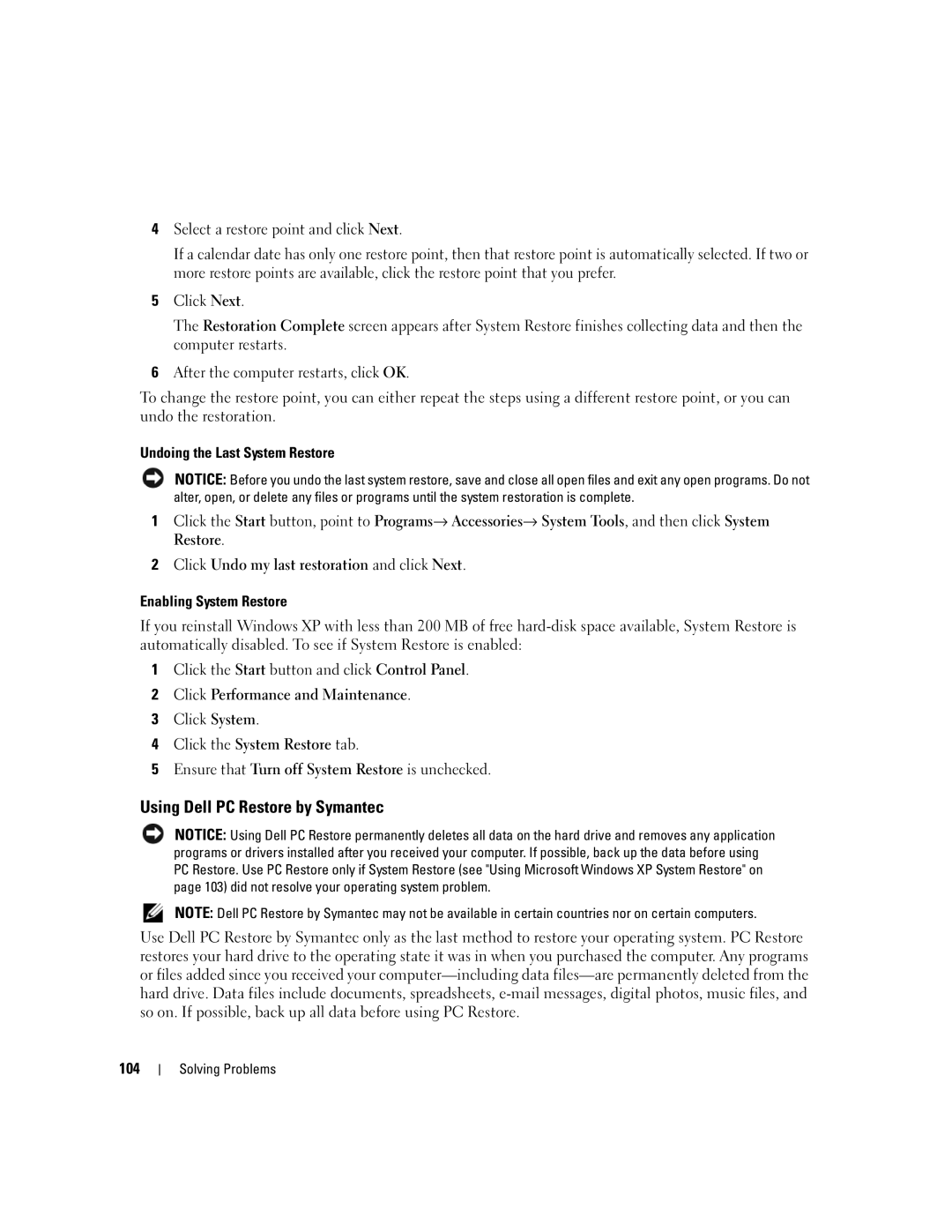 Dell 6400, E1505 owner manual Using Dell PC Restore by Symantec, 104 