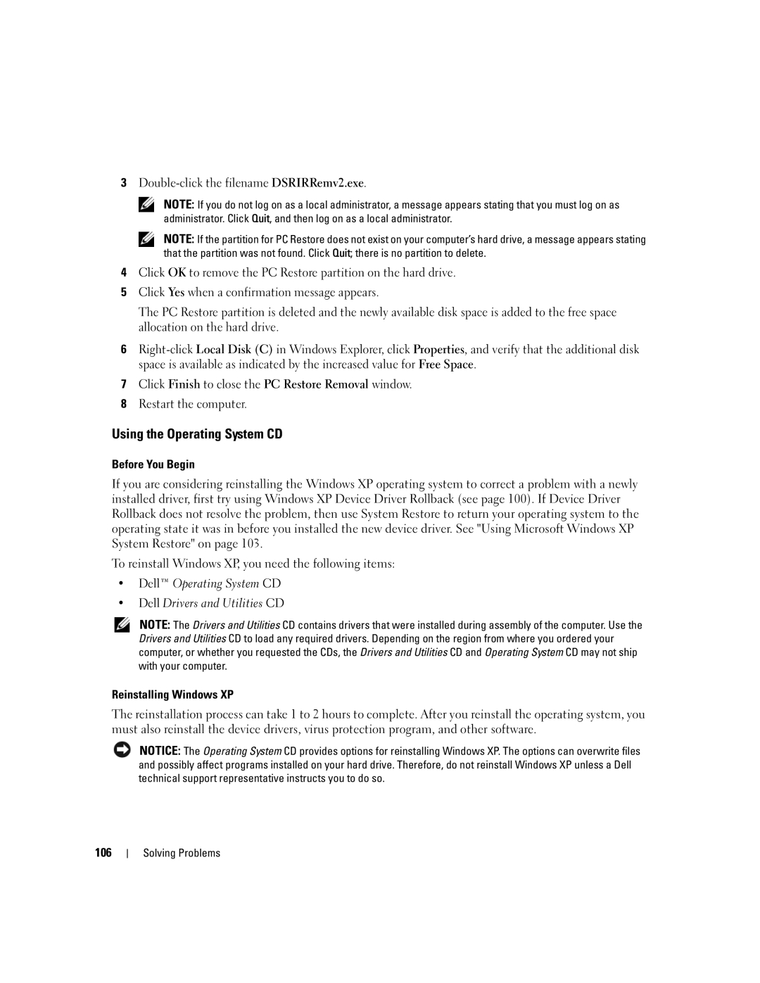 Dell 6400, E1505 owner manual Using the Operating System CD, Before You Begin, Reinstalling Windows XP, 106 