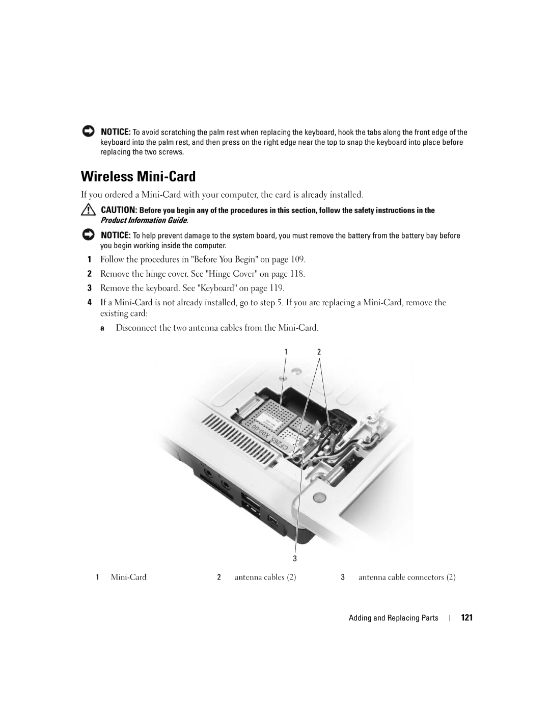 Dell E1505, 6400 owner manual Wireless Mini-Card, 121 