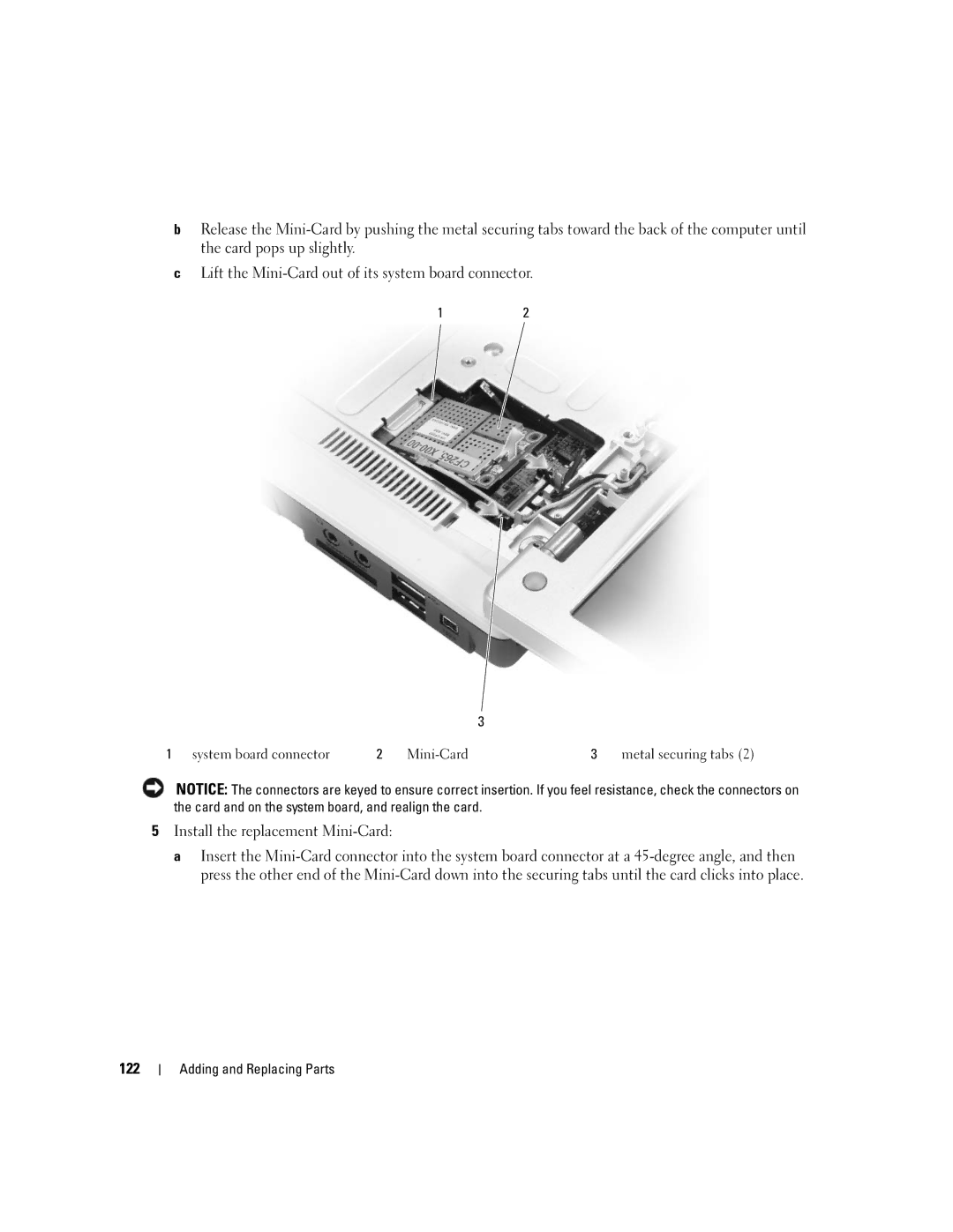 Dell 6400, E1505 owner manual Install the replacement Mini-Card, 122 