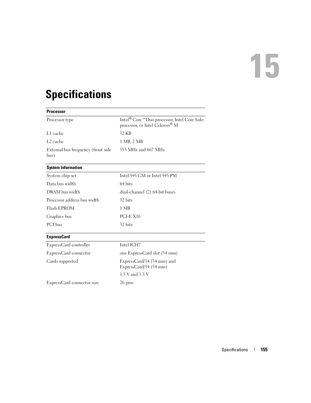 Dell E1505, 6400 owner manual Specifications, 155 