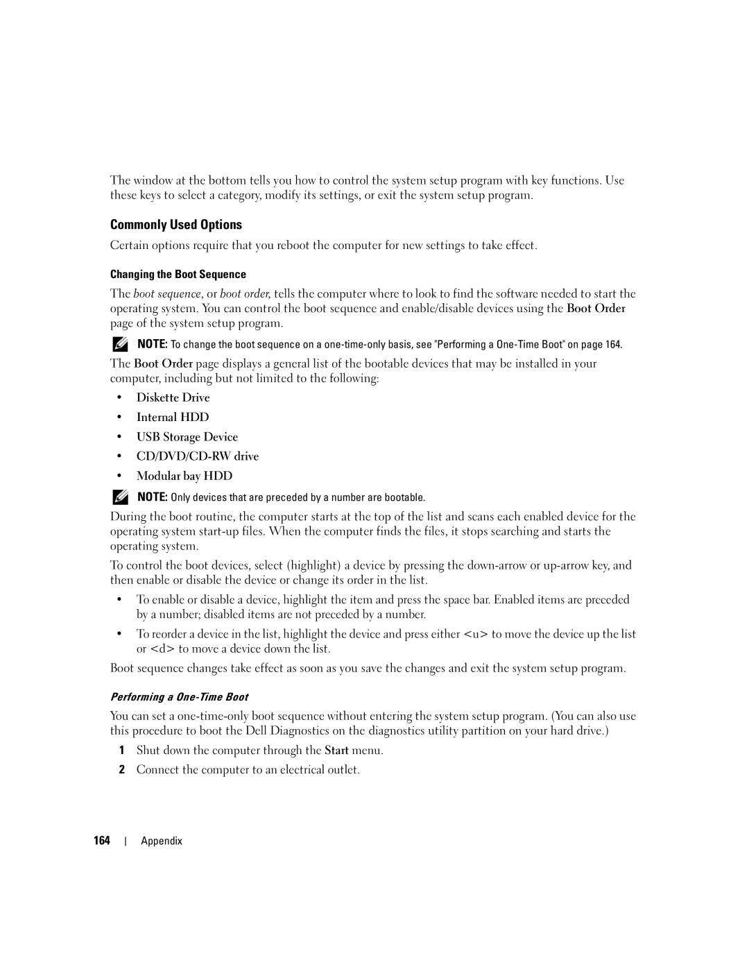 Dell 6400, E1505 owner manual Commonly Used Options, Changing the Boot Sequence, Performing a One-Time Boot 