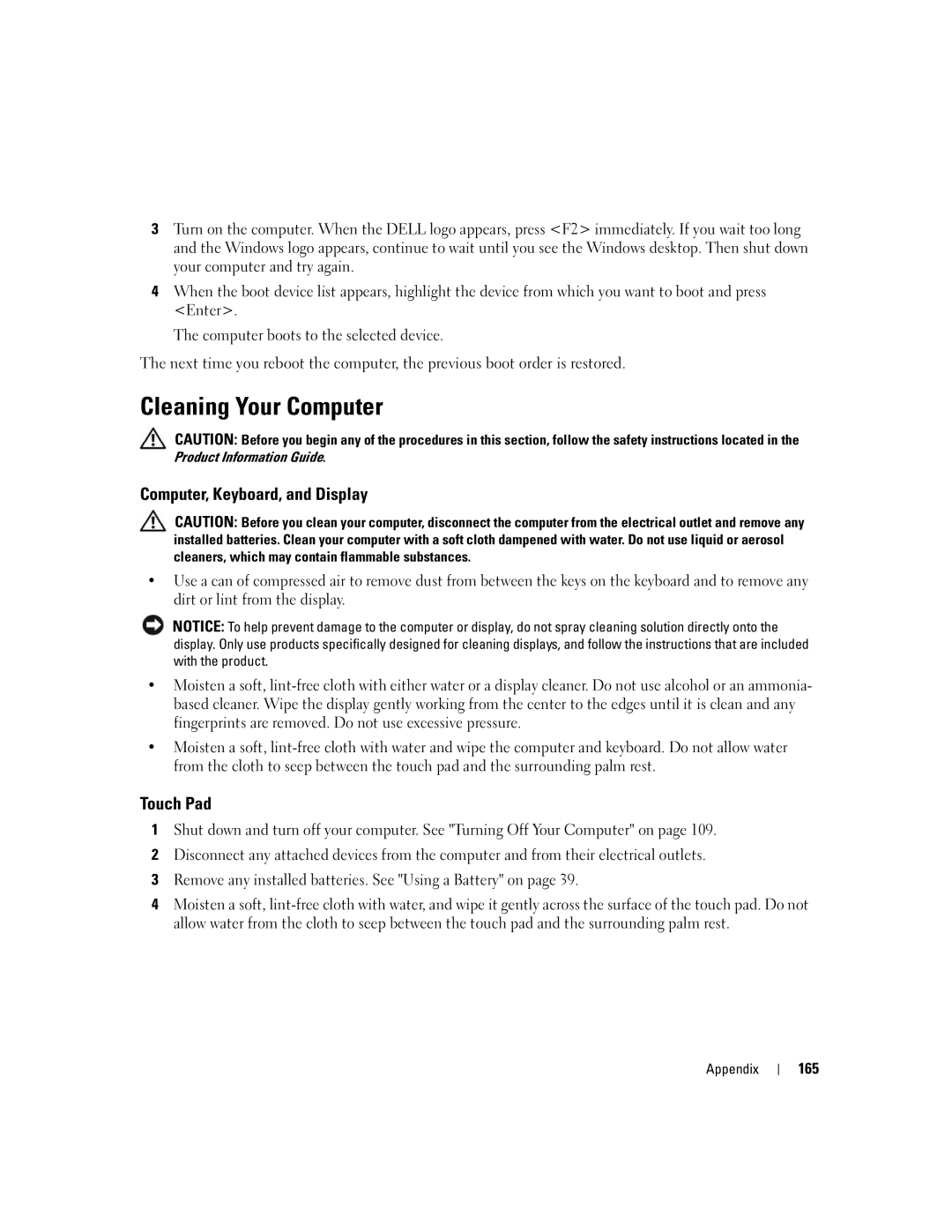 Dell E1505, 6400 owner manual Cleaning Your Computer, Computer, Keyboard, and Display, Touch Pad, 165 