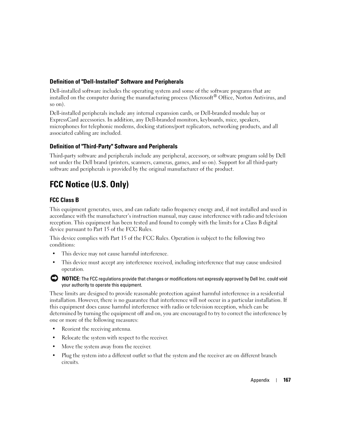 Dell E1505, 6400 owner manual FCC Notice U.S. Only, Definition of Dell-Installed Software and Peripherals, FCC Class B, 167 