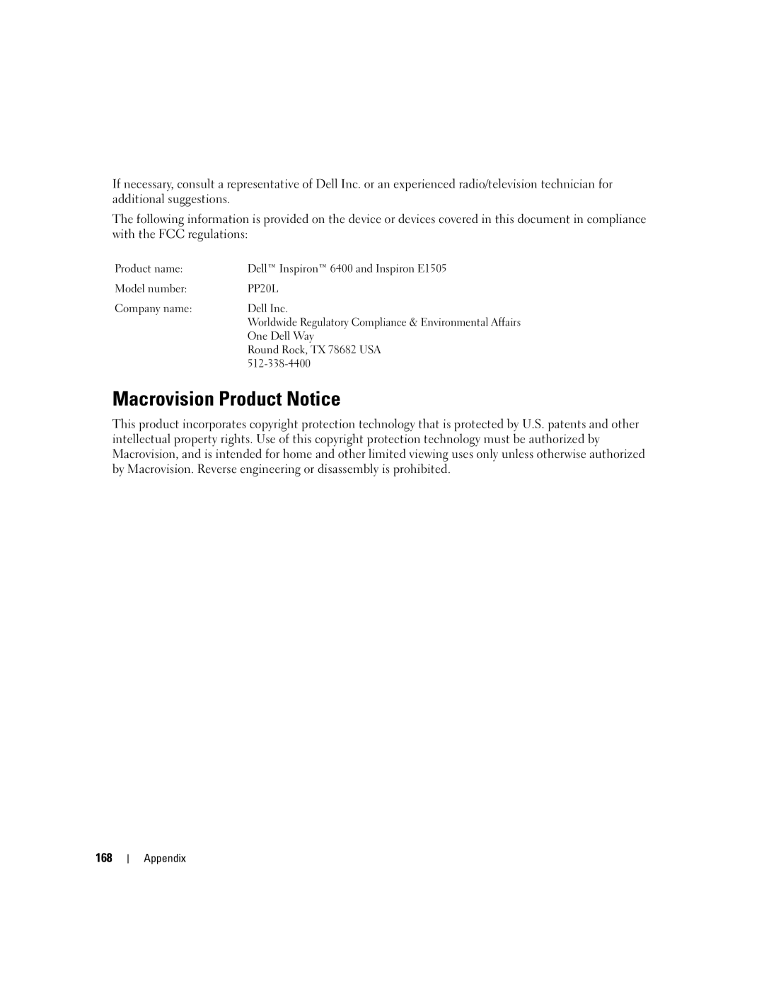 Dell 6400, E1505 owner manual Macrovision Product Notice, 168 