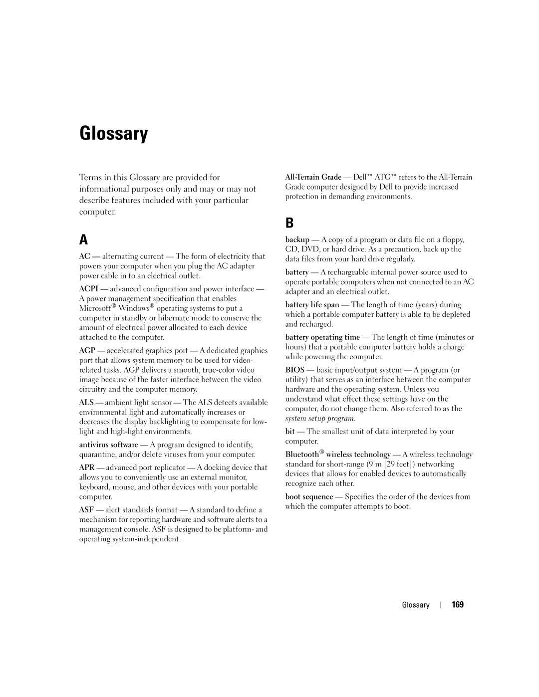 Dell E1505, 6400 owner manual Glossary, 169 