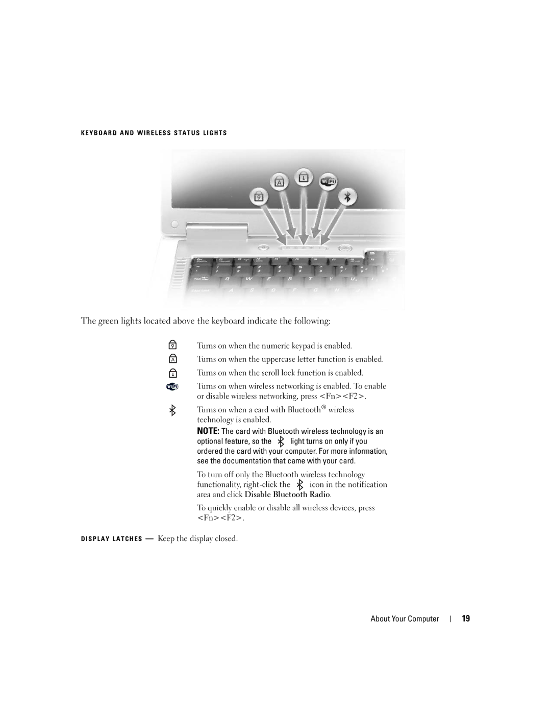 Dell E1505, 6400 owner manual Y B O a R D a N D W I R E L E S S S T a T U S L I G H T S 